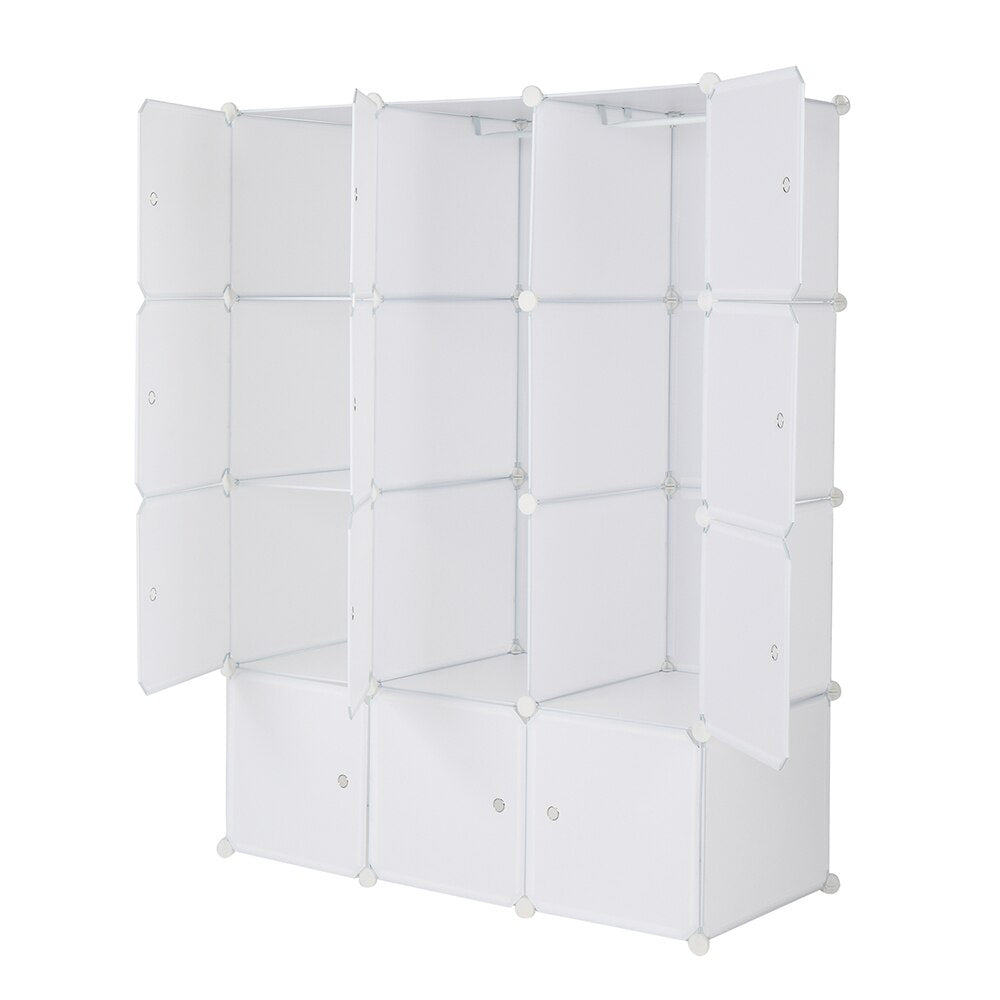 12 Cube Organizer Stackable Plastic Cube Storage Shelves Design Multifunctional Modular Closet Cabinet with Hanging Rod White