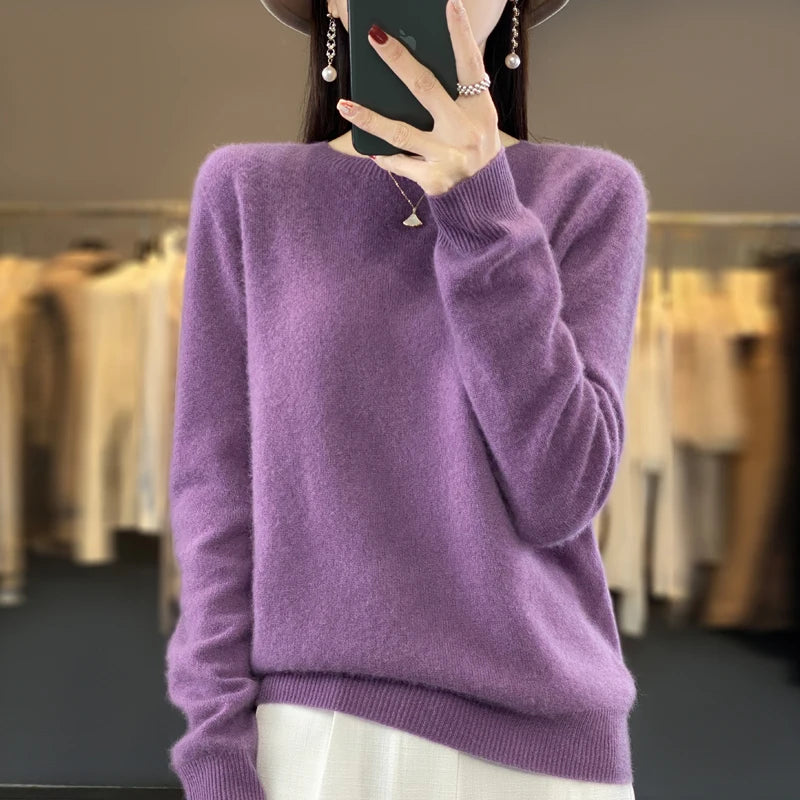 100% Pure Wool Cashmere Soft Sweater Women O-neck Pullover Autumn Winter Casual Knit Top Solid Color Regular Female Knitwear