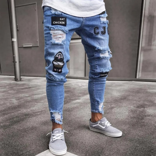Men's Broken Hole Embroidered jeans Slim Men Trousers
