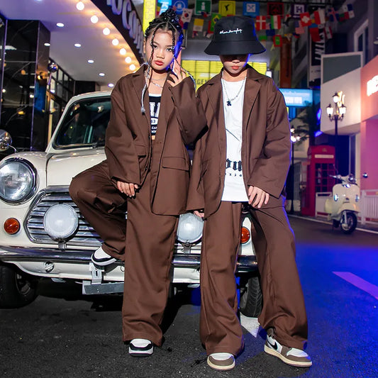 Boys Girls Suits Sets Jacket Pant Jazz Hip Hop Dance Costume Children Streetwear Loose Blazer Coat