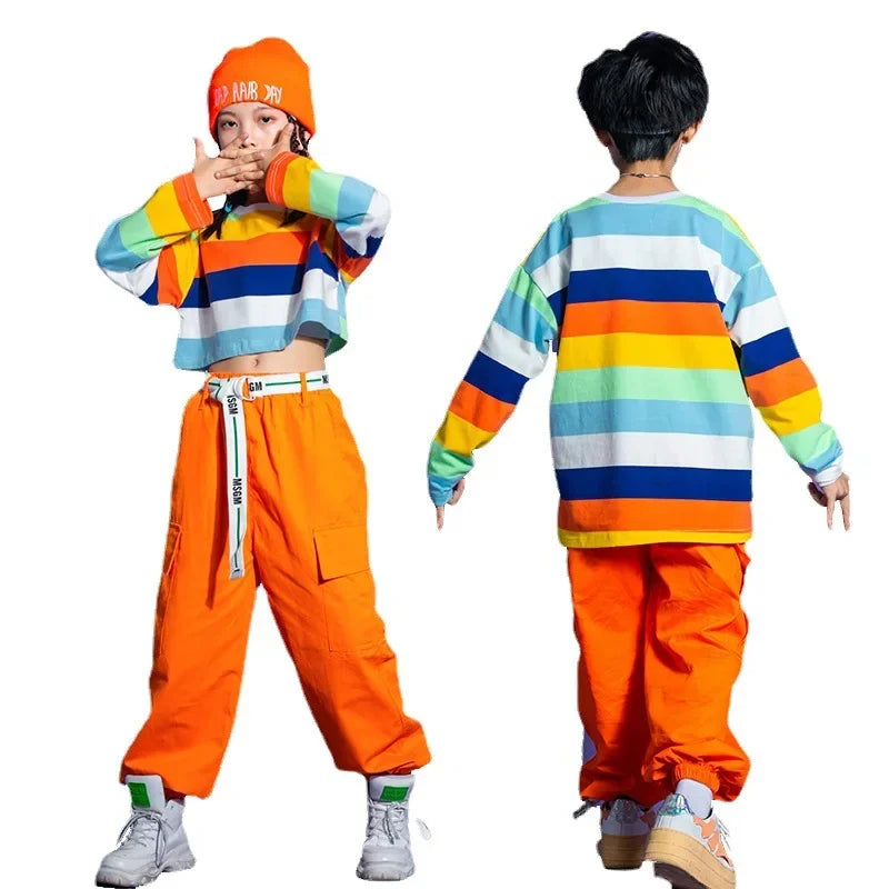 Girls Striped Crop Top Cargo Pants Boys Hip Hop Rainbow T-shirt Loose Street Dance Shorts Children Streetwear Kids Jazz Costumes