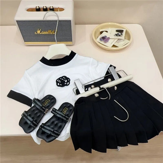 Girl's Clothing Sets Skirt 2023 Summer Korean Version Set Simple Floral T-Shirt+Fashionable Pleated Skirt Two-piece Suit
