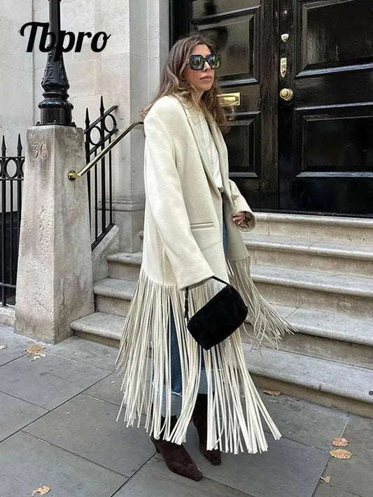 Fashion Women Tassel Woolen Blends Coat 2023 Autumn Solid Lapel Full Sleeve Pocket Coats