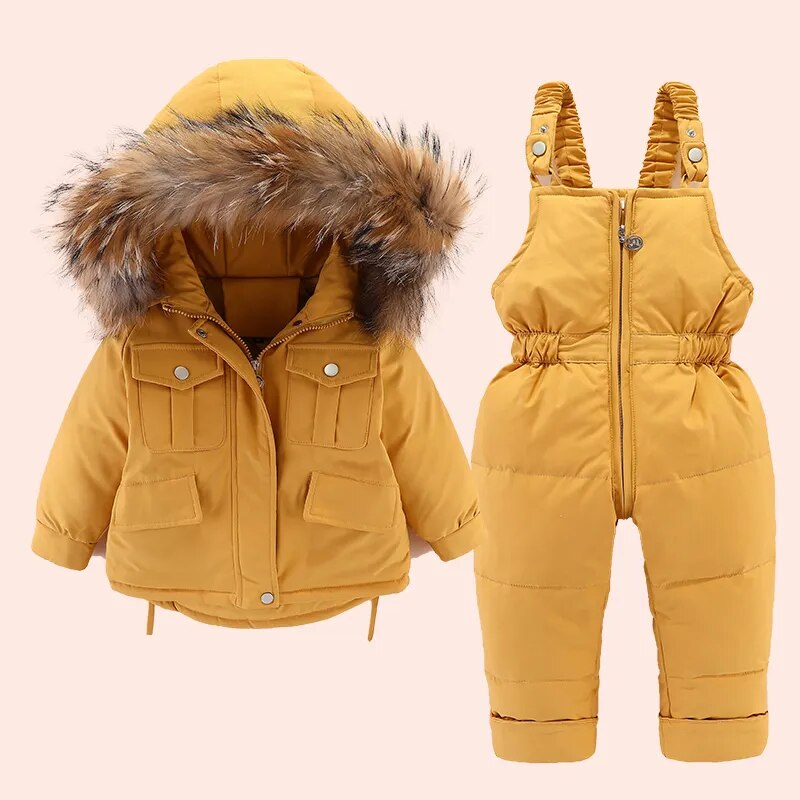 2pcs children clothing Set Baby toddler Girl clothes winter down jacket + jumpsuit Thicken Warm fur collar Infant snowsuit 0-5 Y