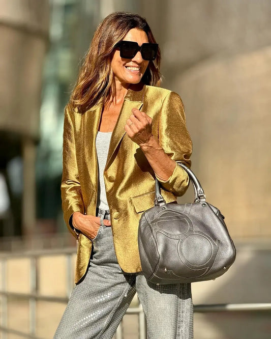Autumn Gold Color Blazer Jacket For Women Fashion Loose V Neck Long Sleeve Coat 2023 Elegant Lady Chic Party Streetwear New