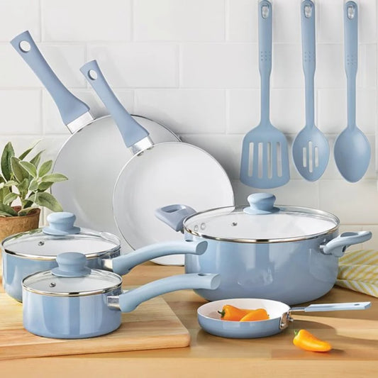 12pc Ceramic Cookware Set, Blue Linen  Pots and Pans Set  Kitchen Cookware Set - youronestopstore23