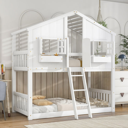 Twin over Twin House Bunk Bed with Roof , Window, Window Box, Door , with Safety Guardrails and Ladder,White