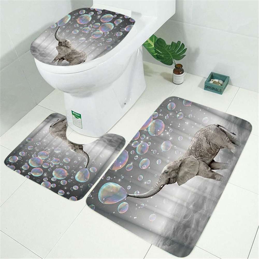3D Printing Bubbles Elephant Waterproof Bathroom Set Shower Curtain with Bath Mat Rug Carpet for Toilet Decor Shower Curtain Set