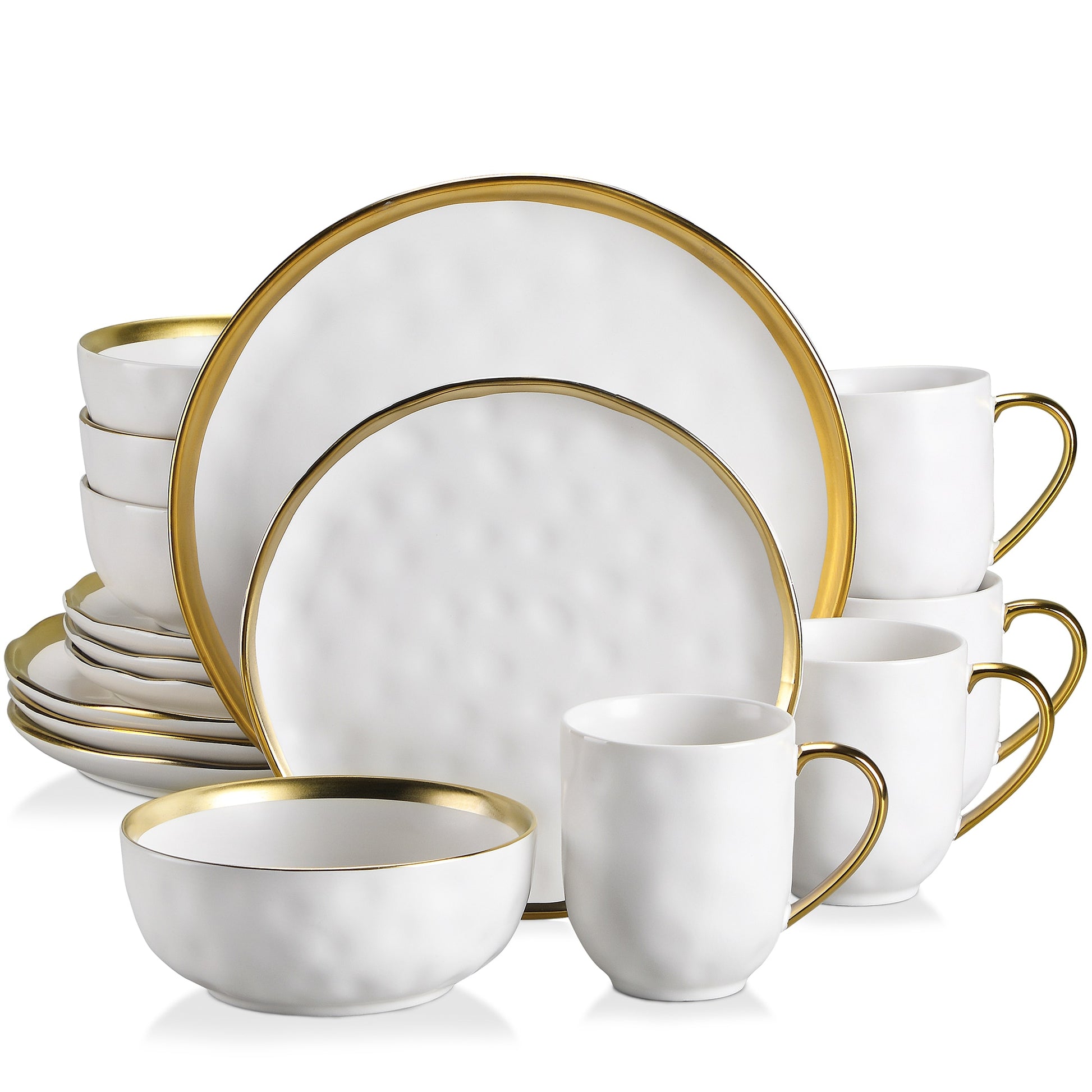 LOVECASA Sweet 16/32/48 Piece White Porcelain Dinnerware Set with Gold Trim Dessert Plate,Dinner Plate,Cup,Bowl Tableware Set - youronestopstore23
