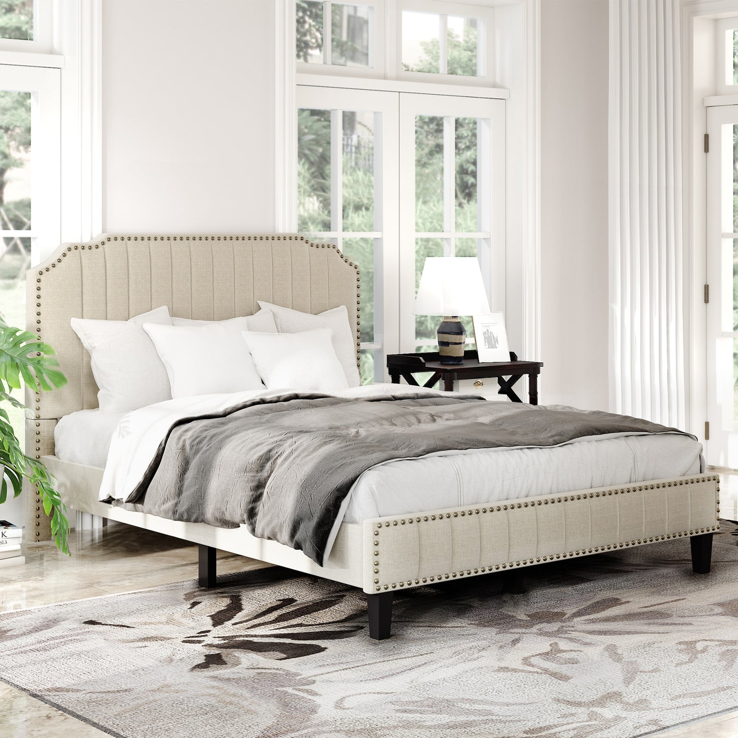 TWIN/FULL /KING/QUEEN Size Modern Linen Curved Upholstered Platform Bed  Solid Wood Frame Nailhead Trim
