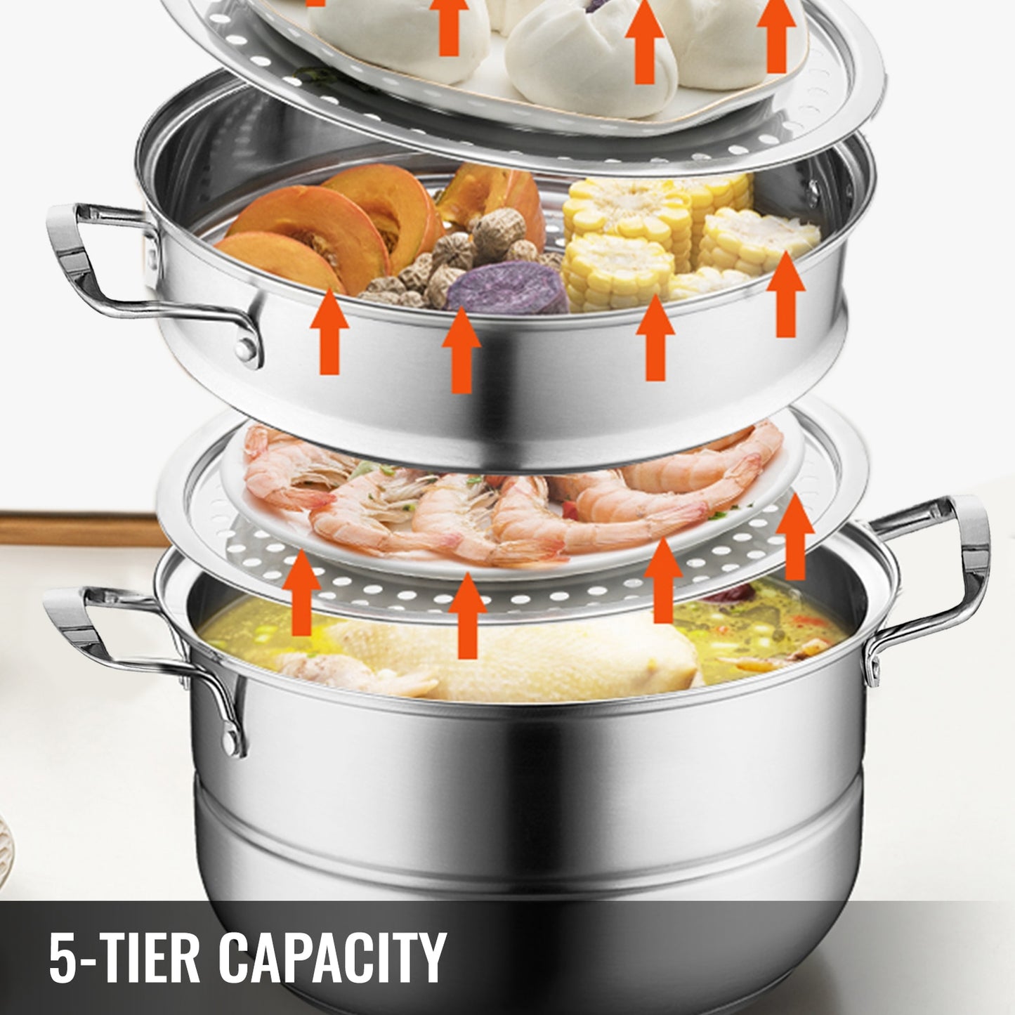 VEVOR 5 Layer Food Steamer 28cm 30cm Stainless Steel Stock Pot for Home Steaming Dumplings Vegetables Rice Cooking Steamed Dish - youronestopstore23