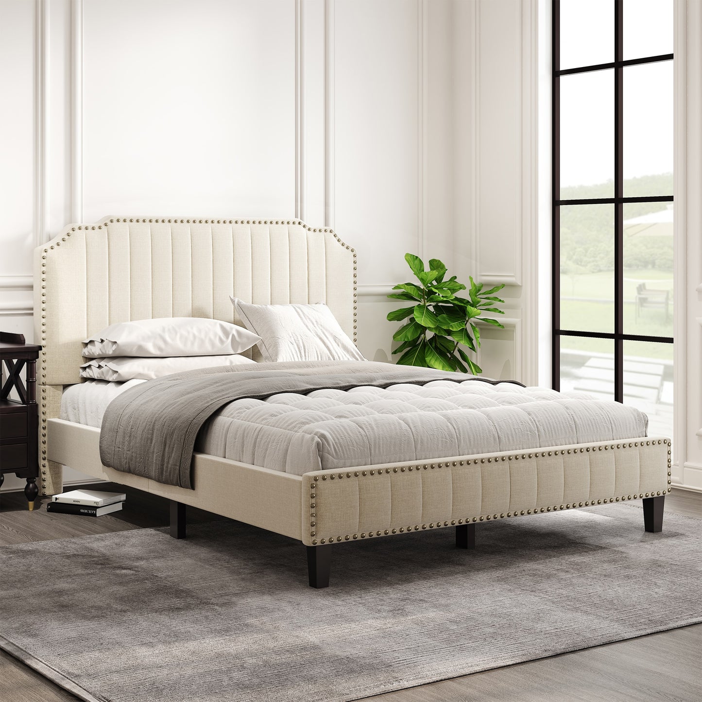 TWIN/FULL /KING/QUEEN Size Modern Linen Curved Upholstered Platform Bed  Solid Wood Frame Nailhead Trim