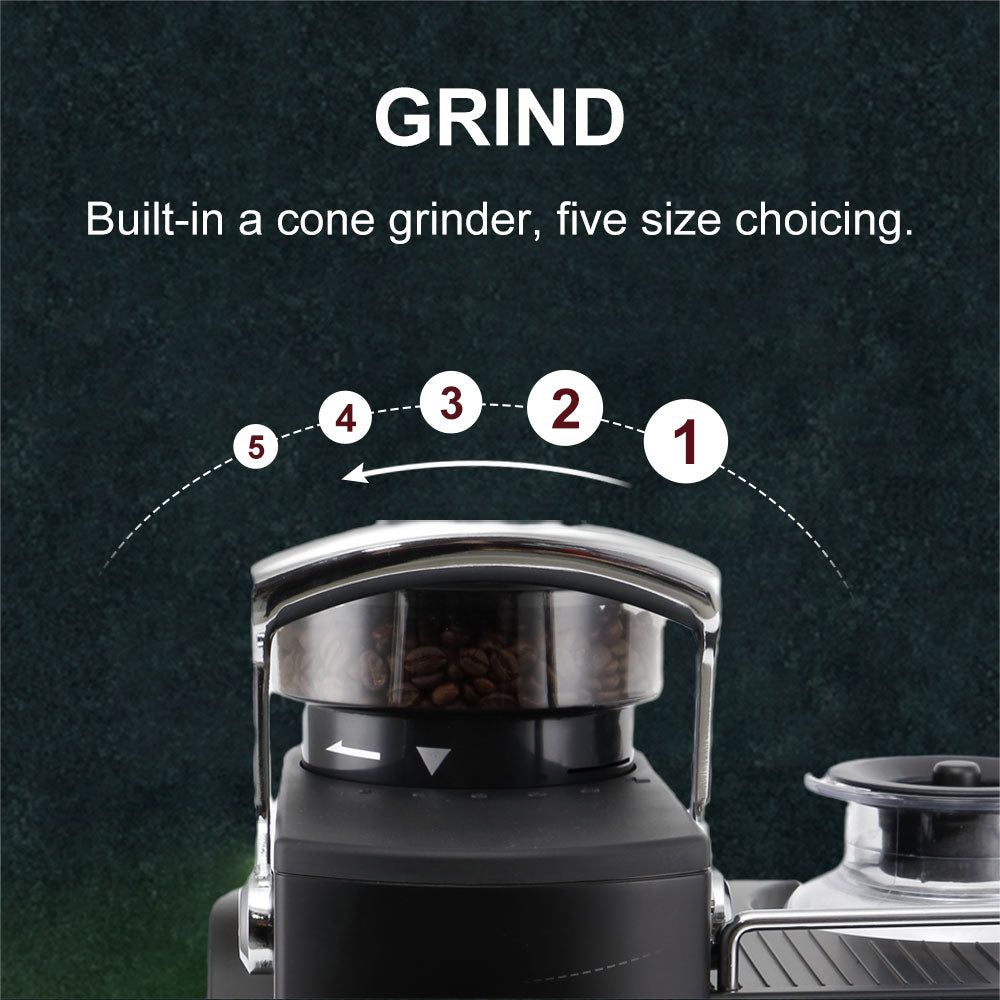 DEVISIB Coffee Machine 3 in 1 Semi Automatic Espresso Maker with Grinder and Milk Steamer for Making Latte Cappuccino Americano - youronestopstore23