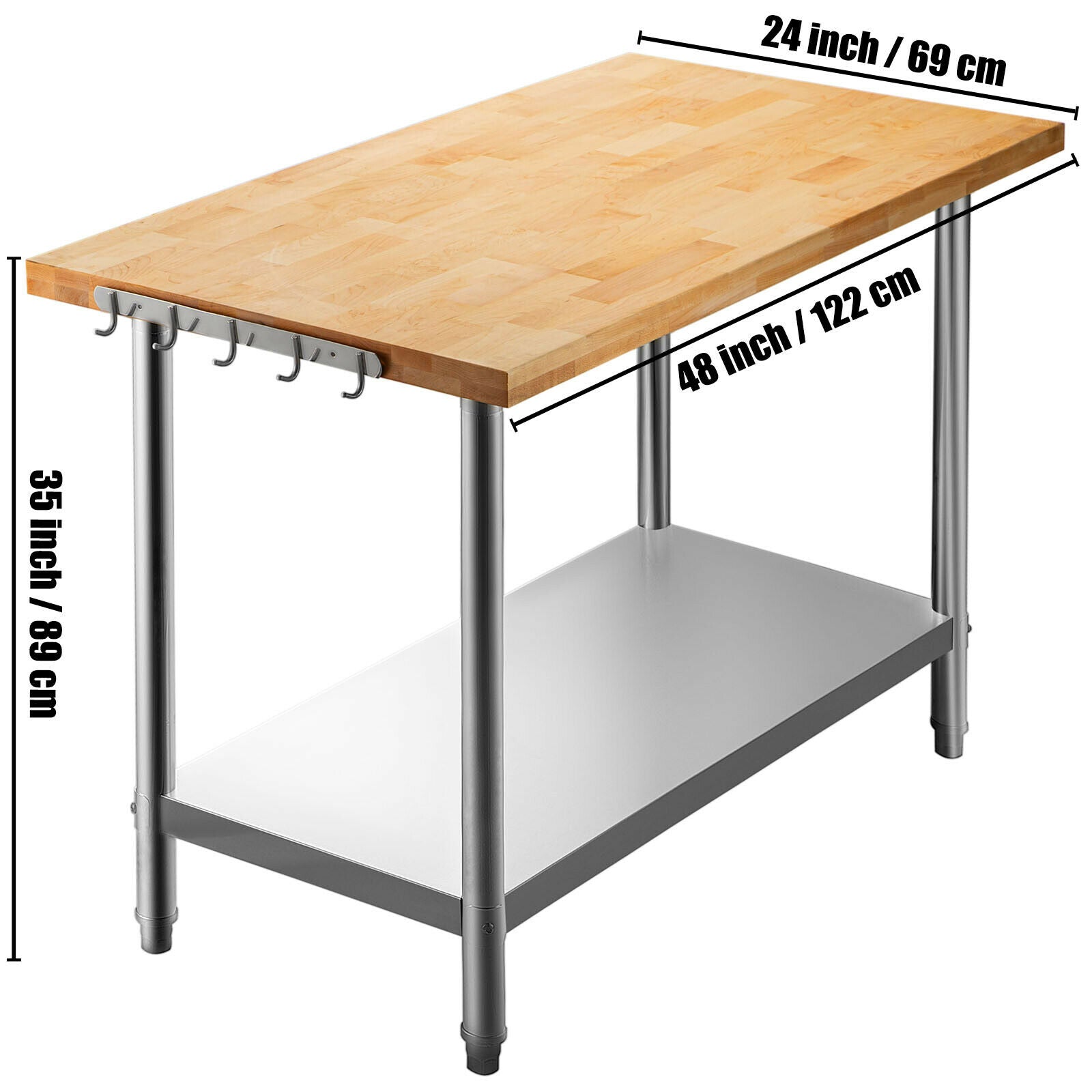 VEVOR Work Table With Shelf &amp; Hooks Stainless Steel Maple Wood r - youronestopstore23