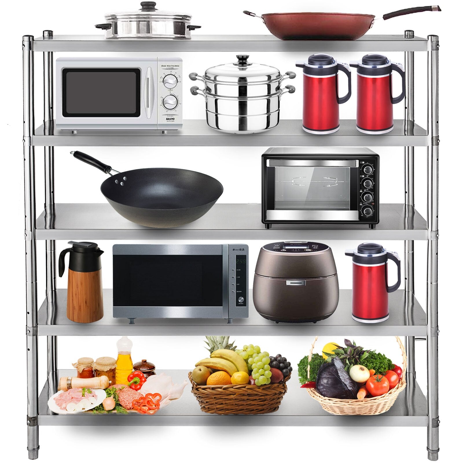 VEVOR 4-Tier 5-Tier Stainless Steel Commercial Storage Rack Shelf for Kitchen Warehouse Garage Storing Kitchenware - youronestopstore23