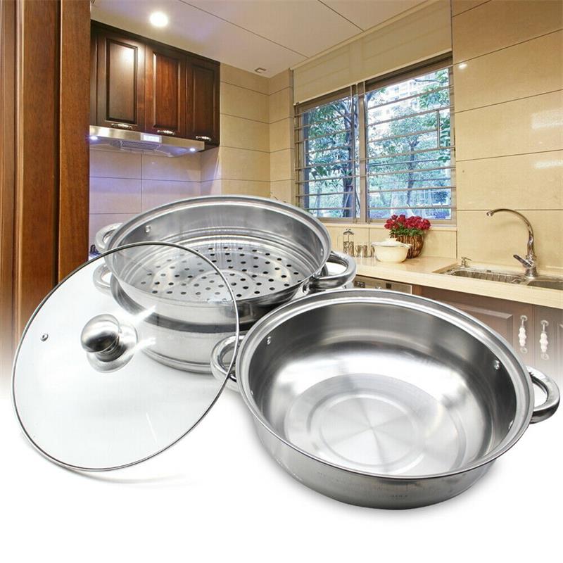 Stainless Steel Steamer 3 Tier Layer Soup Pot Set Kitchen Cookware Food Veg Steam Pan with Glass Lid Gas Stove Furnace Steamer - youronestopstore23