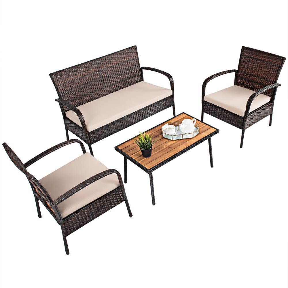 4PCS Patio Rattan Furniture Set Outdoor Conversation Set Coffee Table w/Cushions HW66527 - youronestopstore23