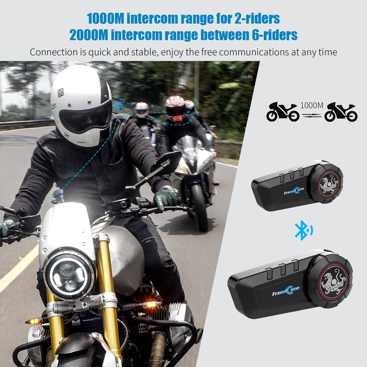 Freedconn KY Pro Motorcycle Intercom Bluetooth Helmet Headset  6 Riders 1000M Moto Group Waterproof Interphone - youronestopstore23