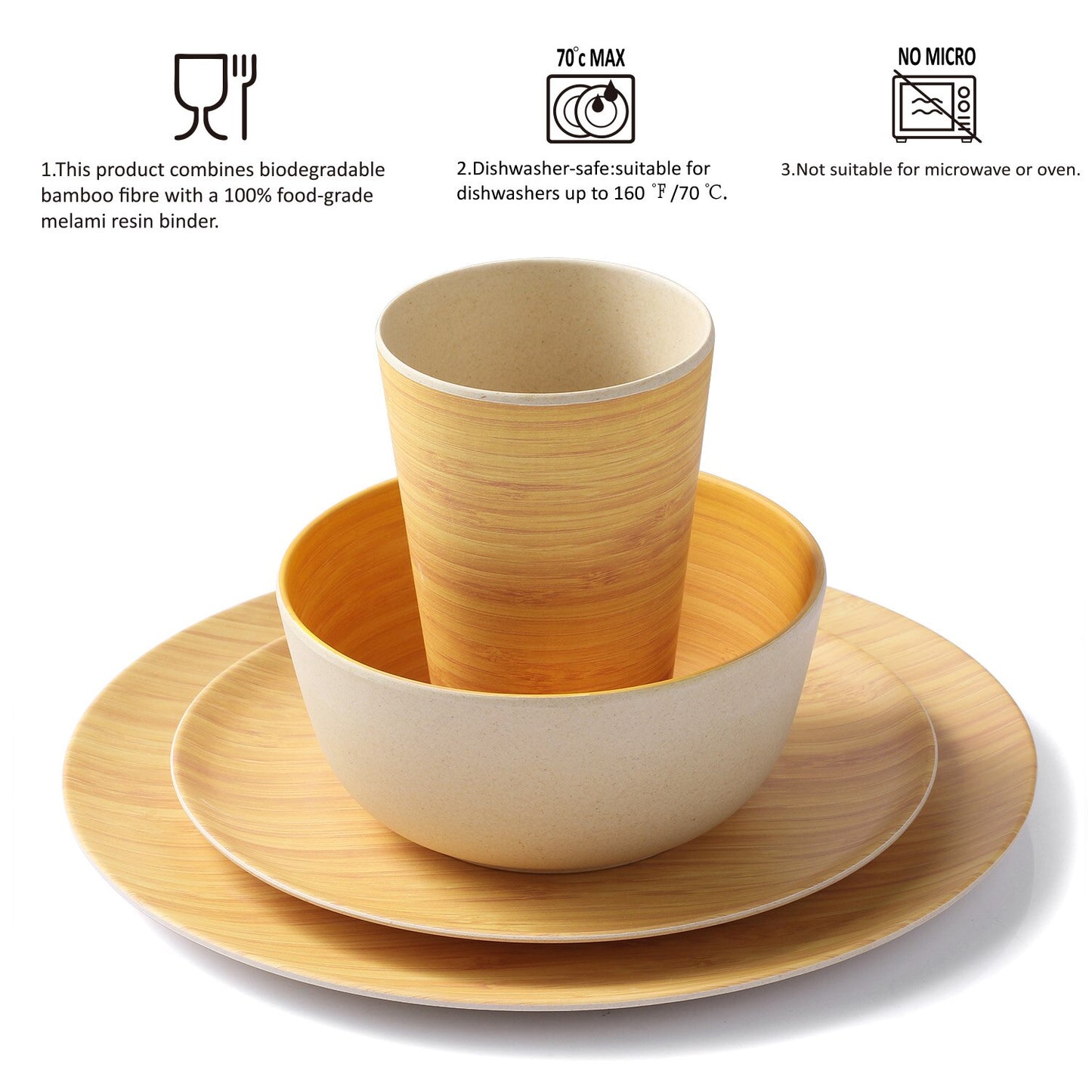 Lekoch Bamboo Fiber 4pcs for 1person  Picnic Dinner set Bamboo pattern Plate Bamboo Powder Fiber Dishes and Plates Sets - youronestopstore23