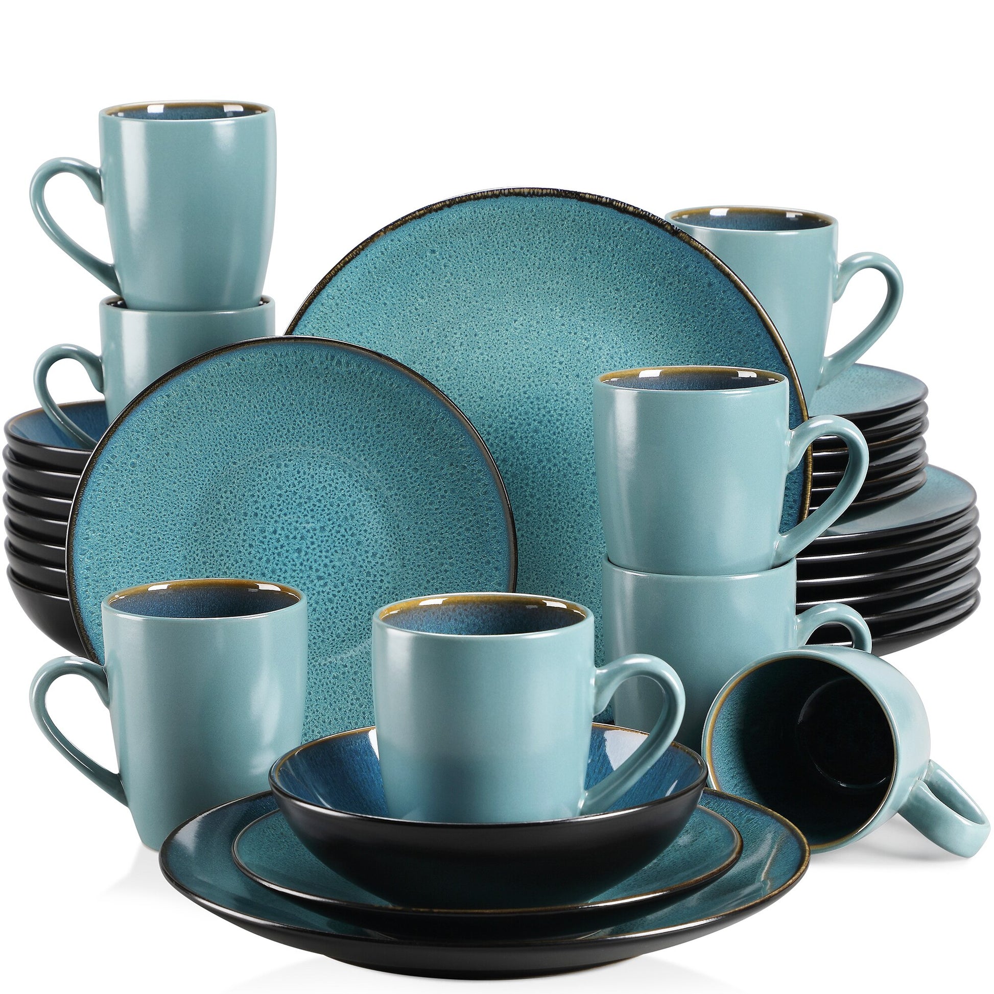 VANCASSO BUBBLE 16/32/48-Piece Tableware Set Vintage Ceramic Blue/Brown Stoneware Set with Dinner&amp;Dessert Plate,Bowl,Coffee Cups - youronestopstore23