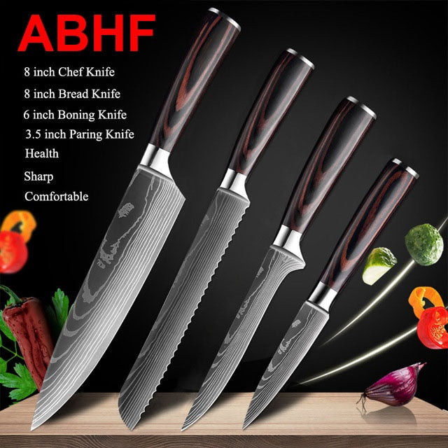 7CR17 Japanese Kitchen Knives Set Laser Damascus Pattern Chef Knife Sharp Santoku Cleaver Slicing Utility Knives Tools - youronestopstore23