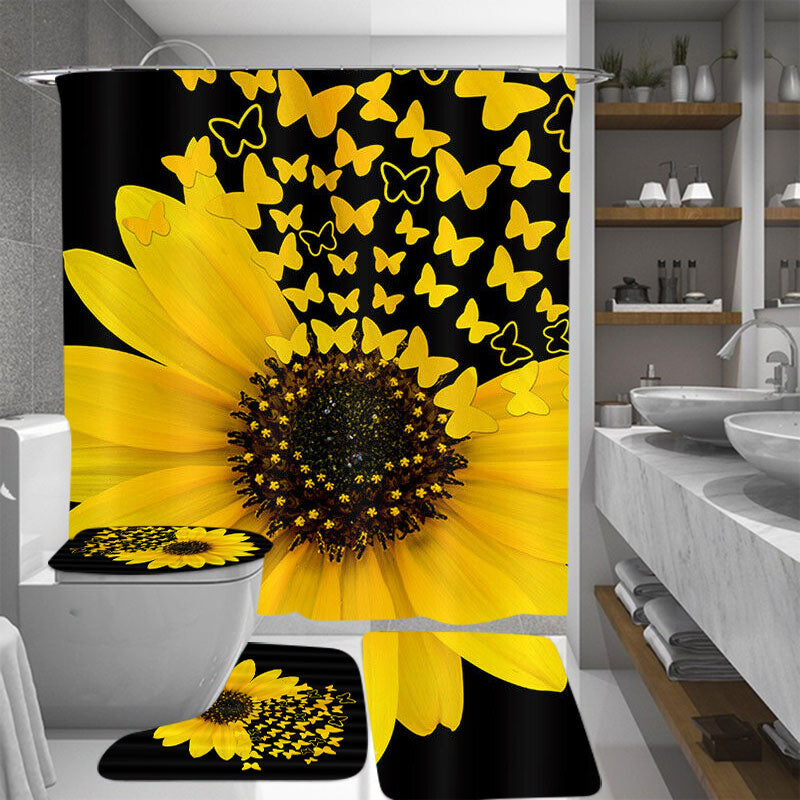 Sunflower Pattern Shower Curtain set Toilet Cover Rug Carpets Non-slip Kitchen Bath Mat Wooden Board Bathroom Set Decoration