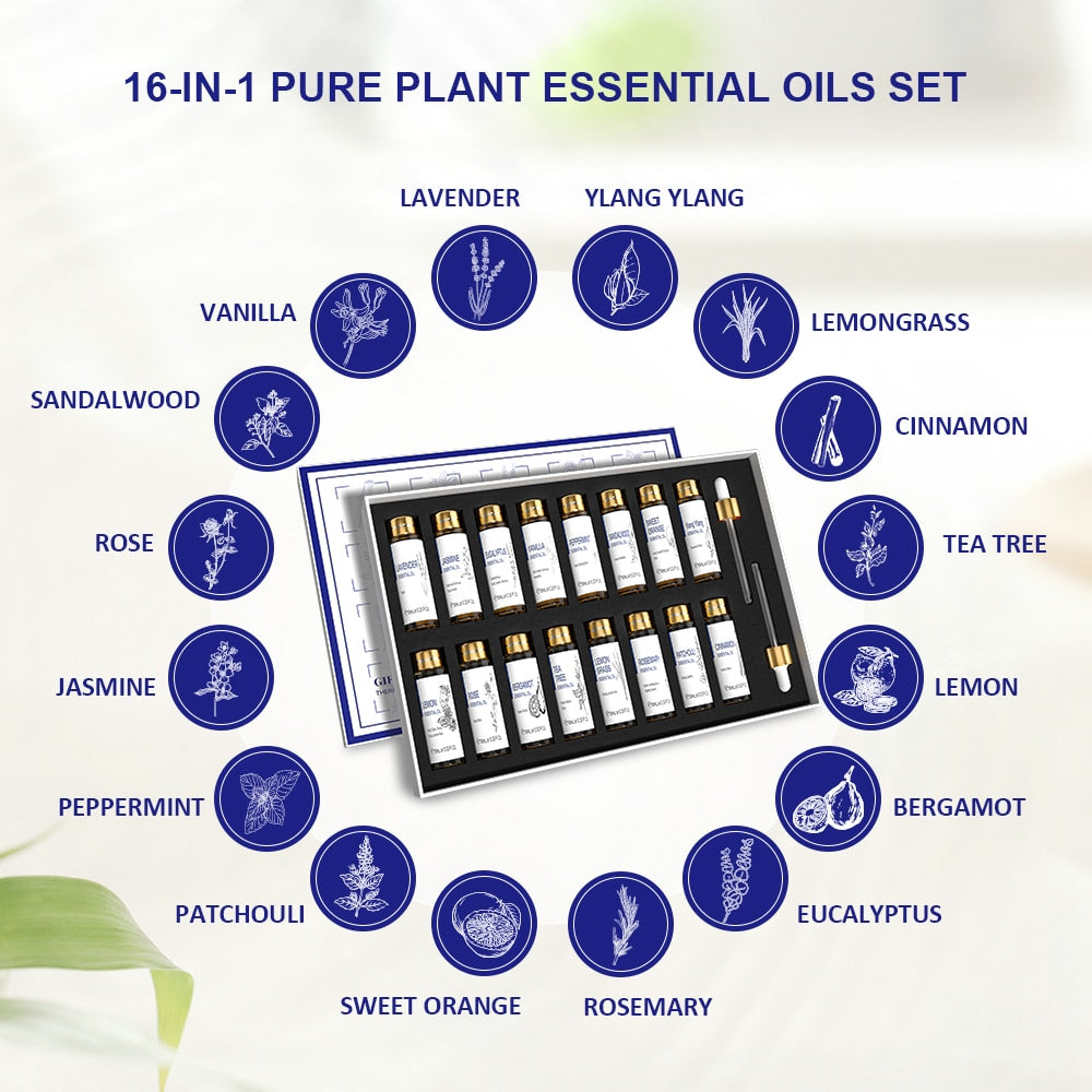 HIQILI 16 PCS 10ML Aroma Essential Oils Set for Diffuser/Humidifier Lavender/Eucalyptus/Vanilla/Lemon/Rosemary/Mint/Rose Oil - youronestopstore23