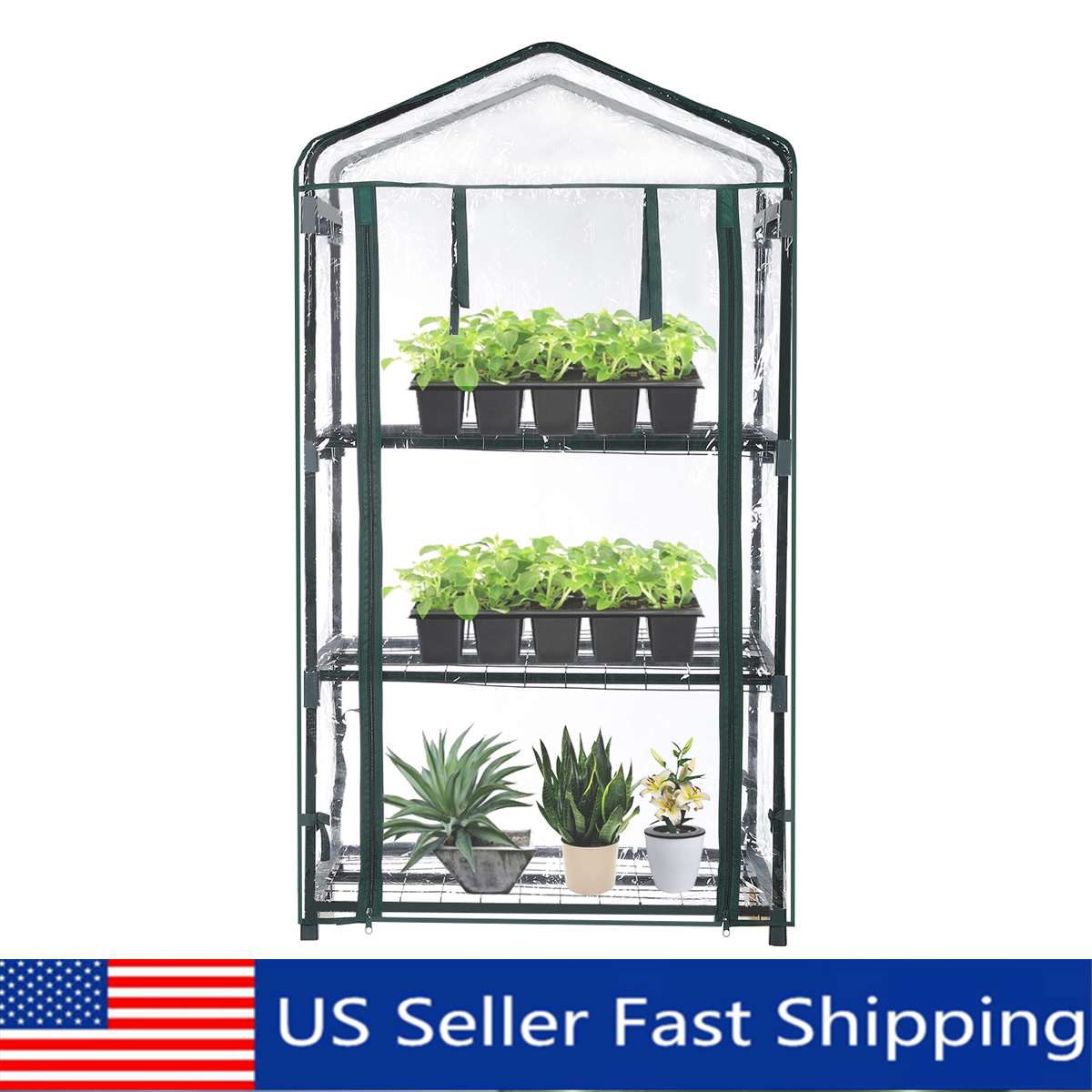 3-Tier Warm Garden Waterproof Mini Greenhouse Garden Shelves With Roll Up Zipper Door Waterproof Anti-UV Protect Plants Flowers - youronestopstore23