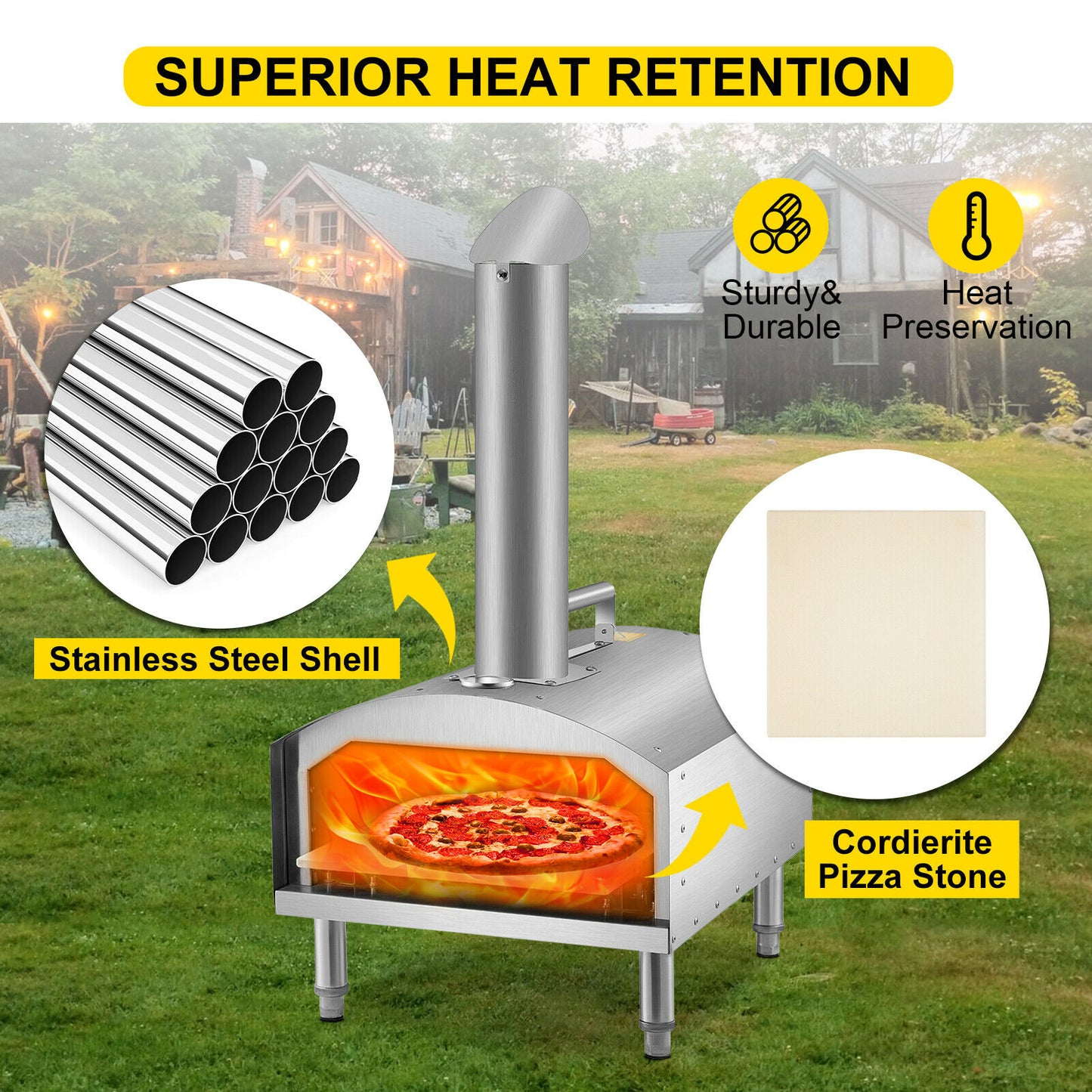 VEVOR 12&quot; Portable Pizza Oven Wood Fired Food Grade Stainless Steel for Outdoor BBQ Picnics Baking Pizza, Bread, Shrimp, Sausage - youronestopstore23