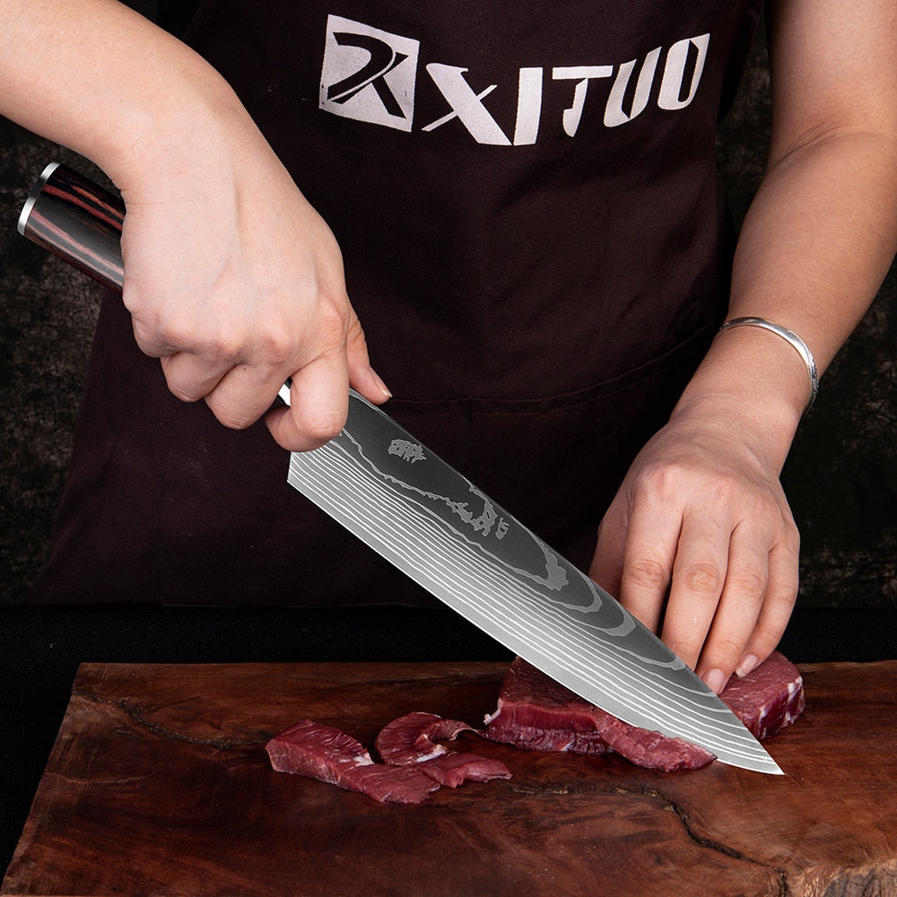 XITUO Chef knife 1-10 Pcs Set Kitchen Knives Laser Damascus Pattern Sharp Japanese Santoku Knife Cleaver Slicing Utility Knife