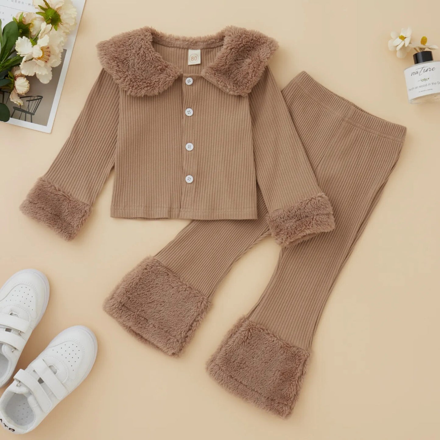 Toddler Baby Girls Knitted Tracksuits Casual Autumn Winter Lapel Button Long Sleeved Jacket + Pants Children Plush Outwear Set