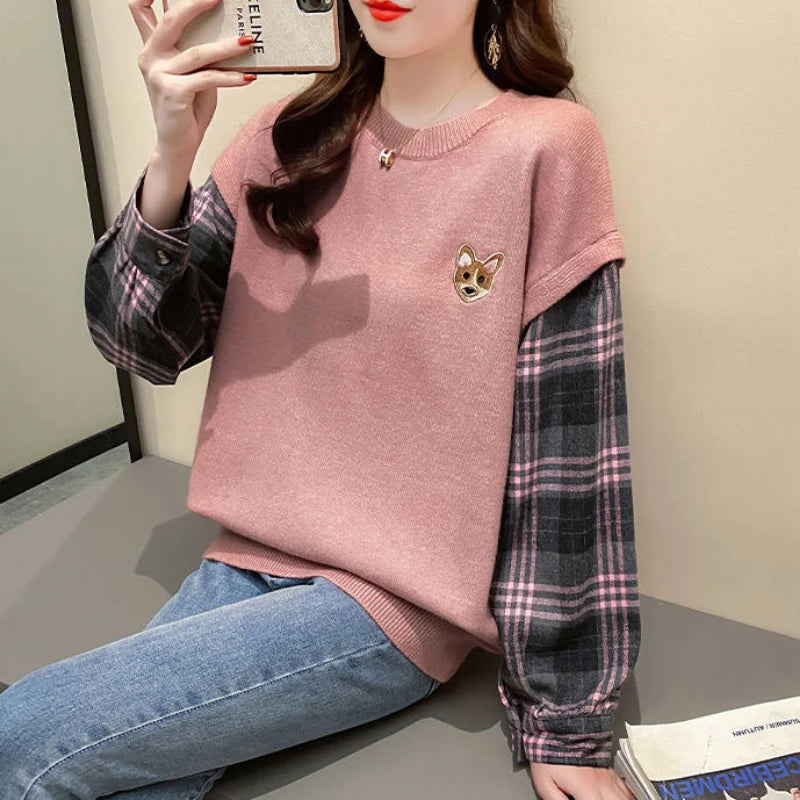 Fashion Fake Two-piece Knitted Sweater Women's Winter College Wind Loose Top Ladies Pullover Sueter De Mujer Women's sweater2022