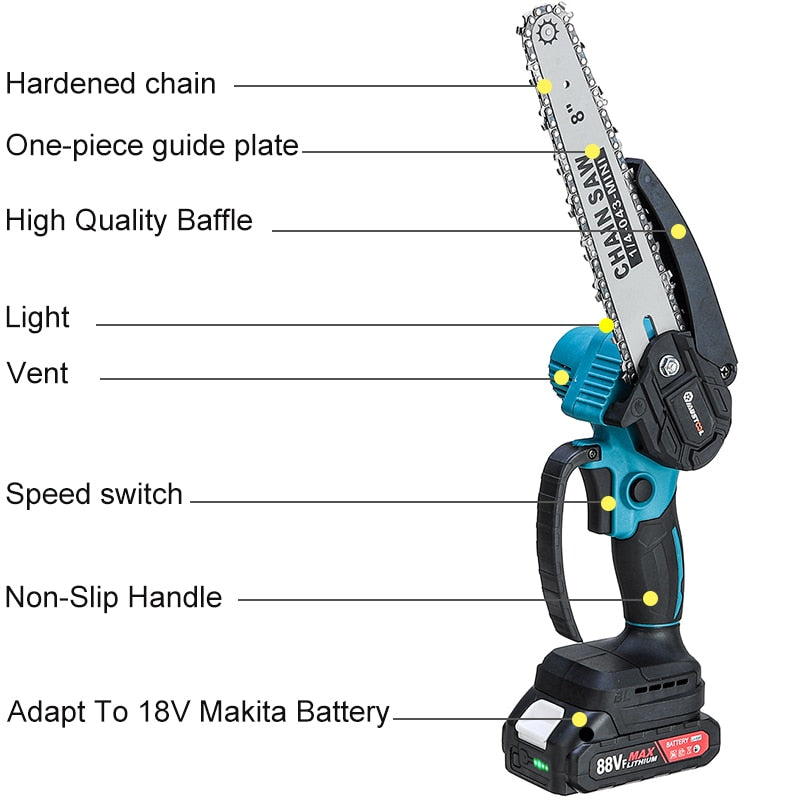 MUSTOOL 8 Inch Brushless Electric Chain Saw Mini Handheld Pruning Chainsaw Electric Saw Woodworking Tool for Makita 18V Battery - youronestopstore23