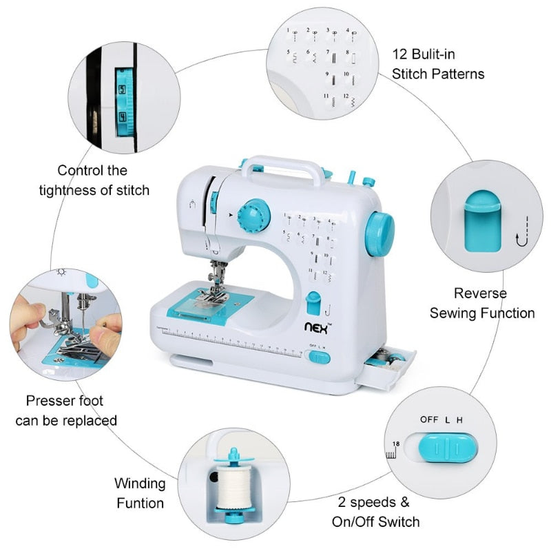 NEX NX-BSM505B Mechanical Portable Sewing Machine with Two Speed Control, Double Thread, 12 Pre-Set Stitches - youronestopstore23