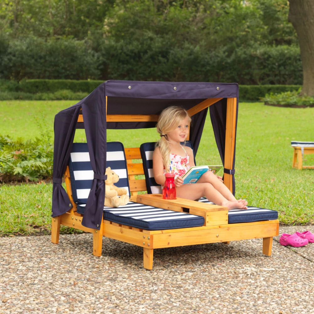 Sun Loungers Wooden Outdoor Double Chaise with Cup Holders, Kid&#39;s Furniture, Honey &amp; Navy - youronestopstore23