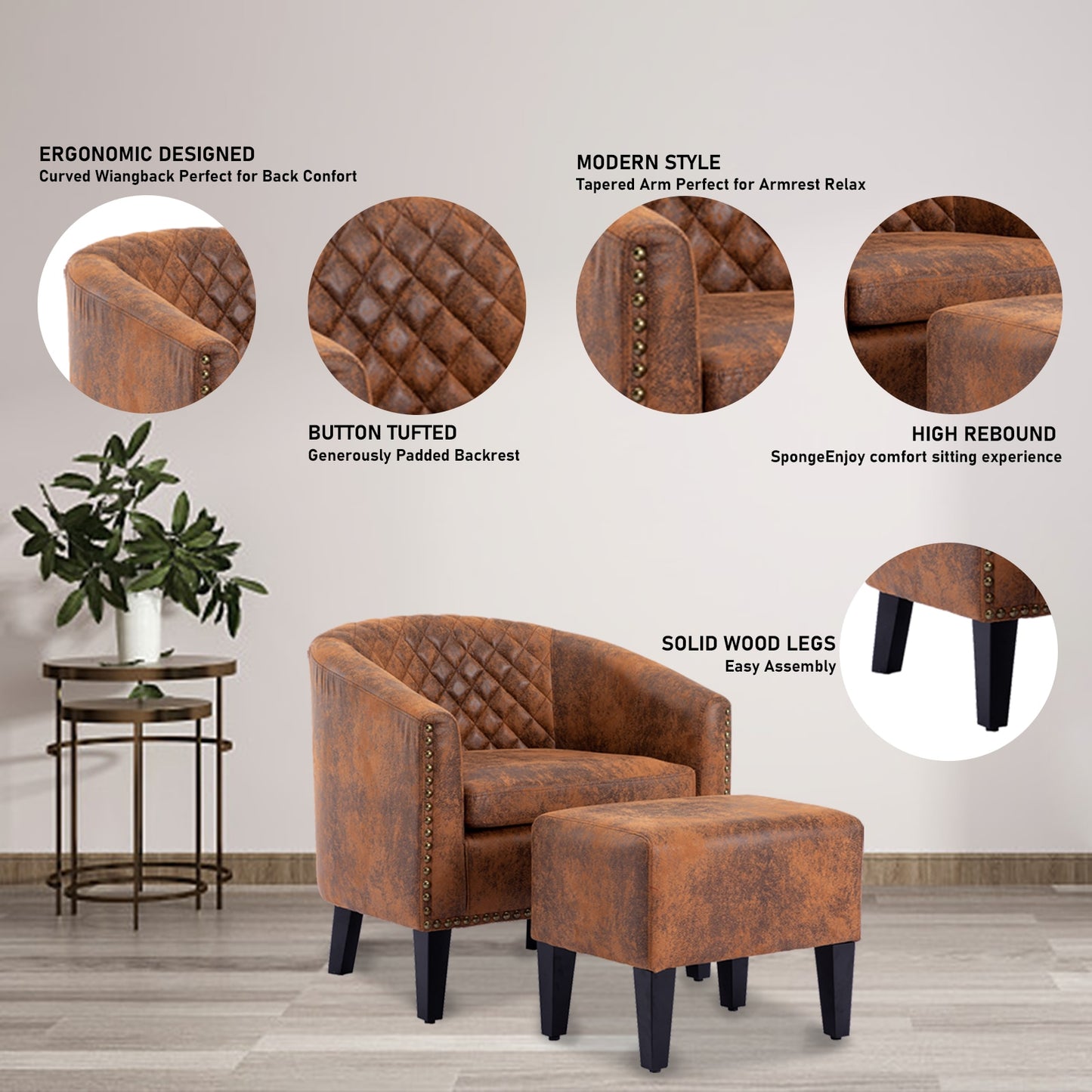 Modern Barrel Chair with Ottoman Foot Rest,PU Leather Round Chair Footrest Set for Office,Living Room,Bedroom,Reading Room