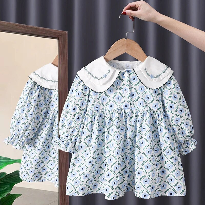 Korean Children's Clothing 2023 Spring Pastoral Two-Piece Sweater Matching Set Cotton Floral Kids' Dresses For Girls 1 To 6 Year