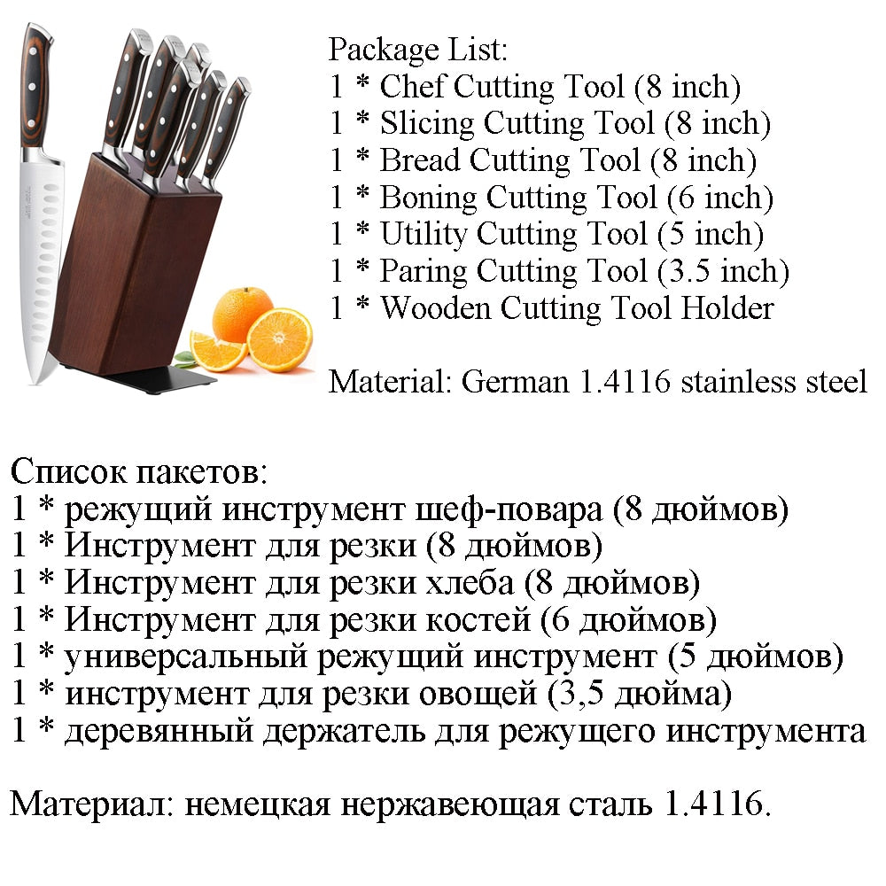 7/8/15pcs Set Wood Handle Kitchen Knives Kitchen Cutting Tool Block Set With Sharpener 1.4116 Stainless Steel Blade Scissors - youronestopstore23