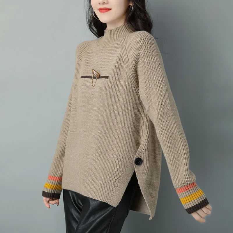 Women's Clothing Fashion  Autumn and Winter New Splice Buttons Half High Collar Long Sleeved