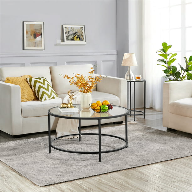 Alden Design Round Modern Glass-Top Coffee Table, Gold side table