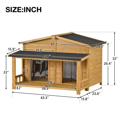 47.2" Large Wooden Dog House Outdoor, Outdoor & Indoor Dog Crate, Cabin Style, With Porch, 2 Doors