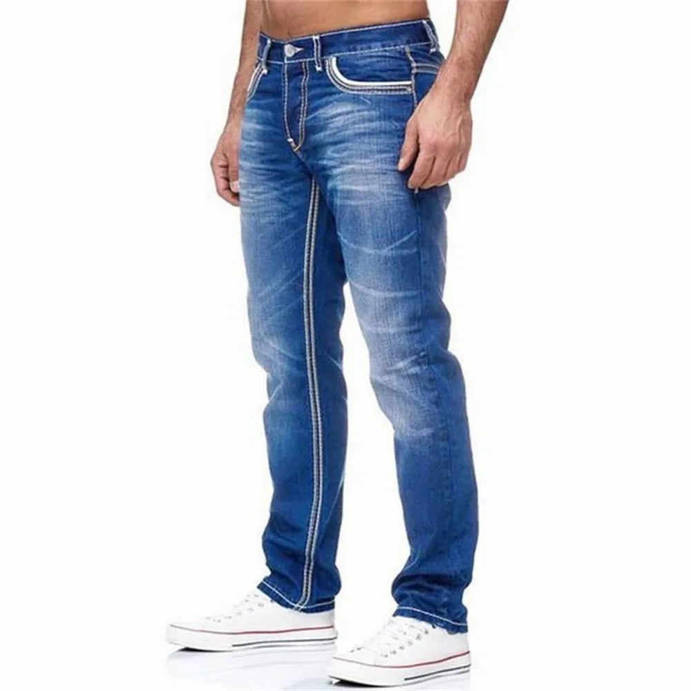 Solid Stretch Straight Pockets Denim Pants Casual Loose