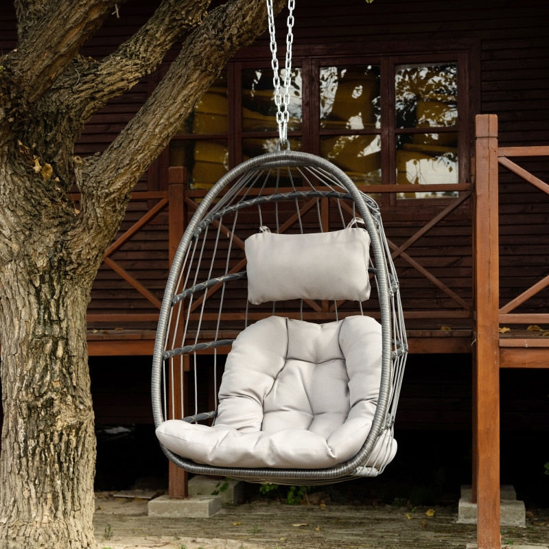 Outdoor Wicker Rattan Swing Chair Hammock chair Hanging Chair with Aluminum Frame and Grey Cushion Without Stand 265LBS Capacity - youronestopstore23