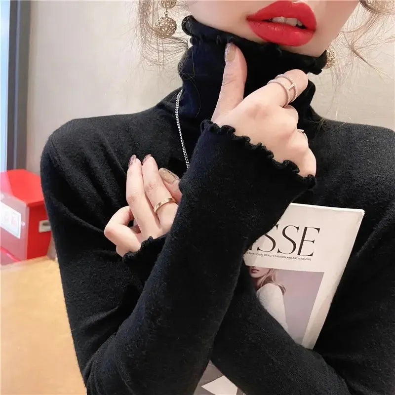 Rimocy Fold Turtleneck Jumper Women Autumn Winter High Elastic Solid Color Sweater Woman Simple All Match Bottoming Top Female