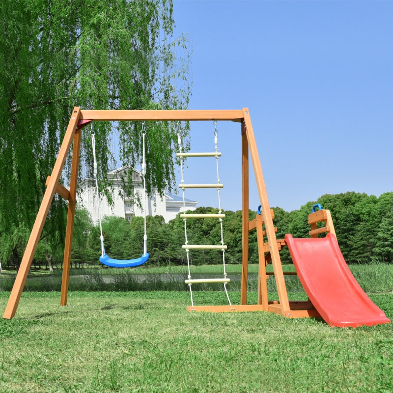 Wooden Swing Set with Slide, Outdoor Playset Backyard Activity Playground Climb Swing Outdoor Play Structure for Toddlers - youronestopstore23