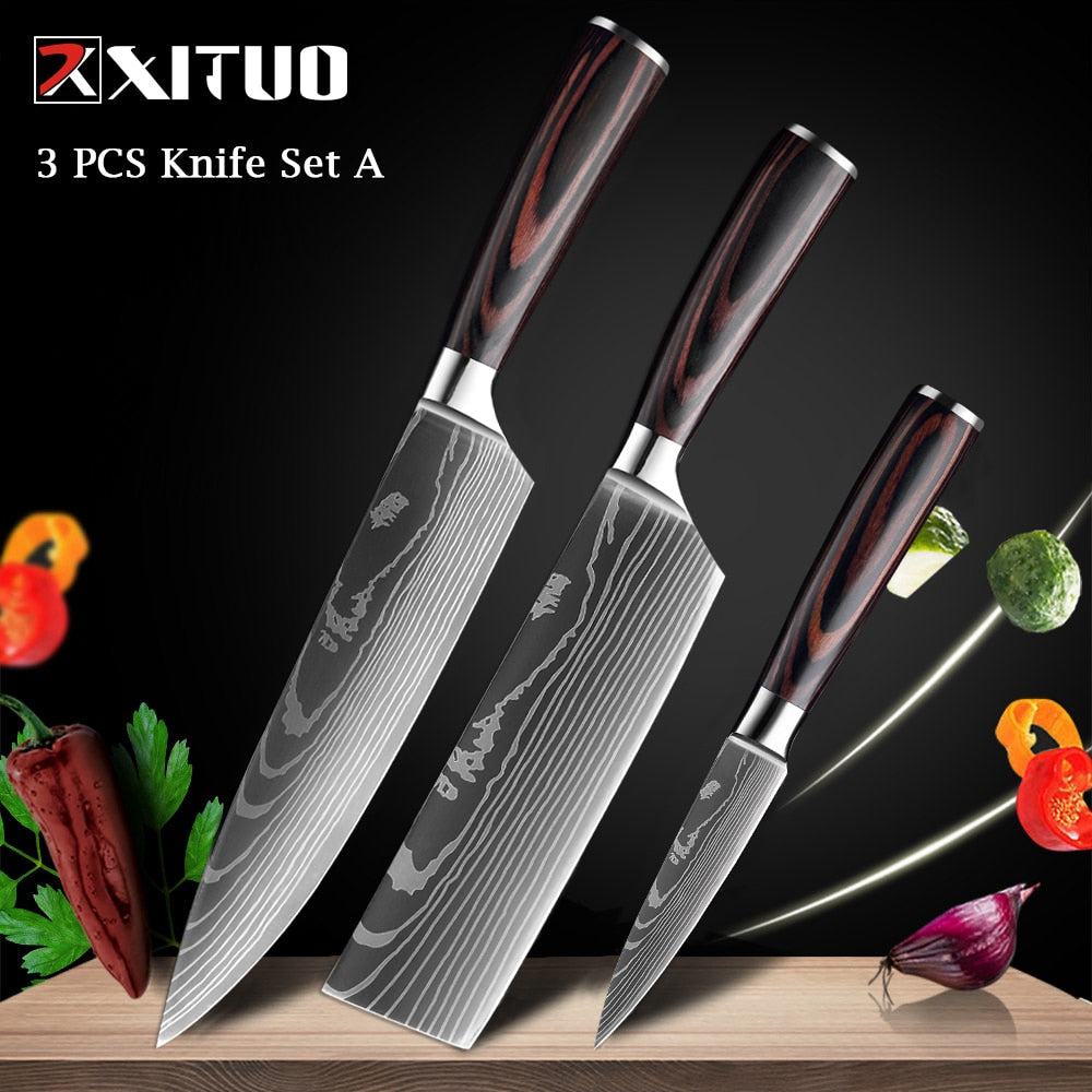 XITUO Chef knife 1-10 Pcs Set Kitchen Knives Laser Damascus Pattern Sharp Japanese Santoku Knife Cleaver Slicing Utility Knife