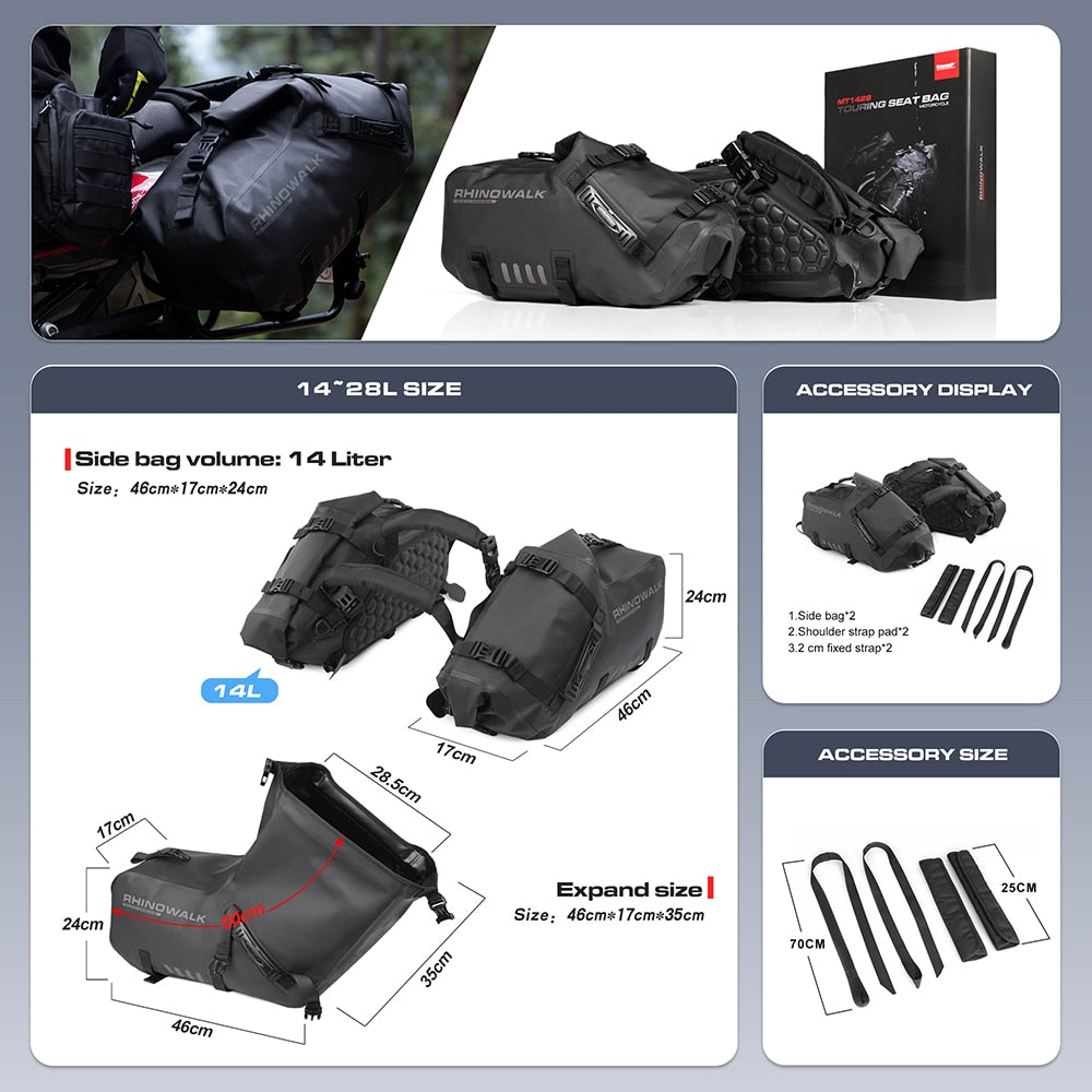 Rhinowalk Motorcycle Bag 100%Waterproof 2Pcs Motor Saddle Side Bag 28L Universal Fit Motorcycle Tail Suitcase Travel Tool  Bag - youronestopstore23