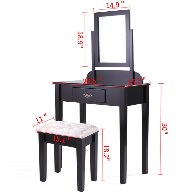 53.5''H Elegant Wood Makeup Vanity Set Dressing Table Furniture with Rotating Rectangular Mirror and Drawer, Black