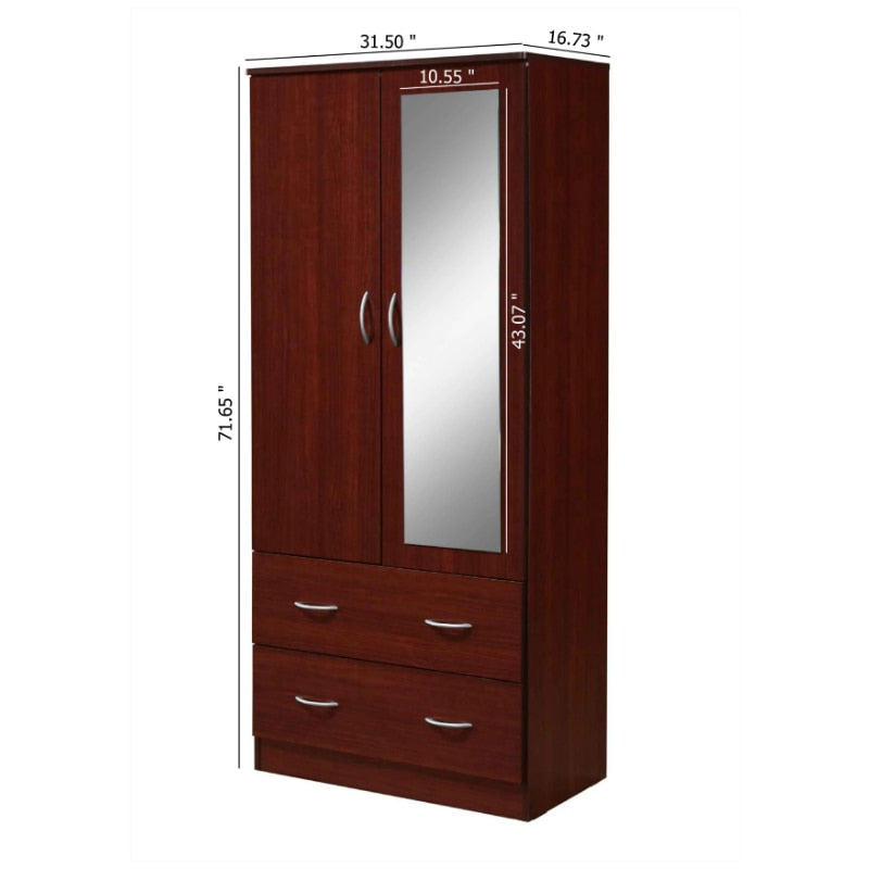 Hodedah Two Door Wardrobe with Two Drawers and Hanging Rod Plus Mirror, Various Colors Are Available