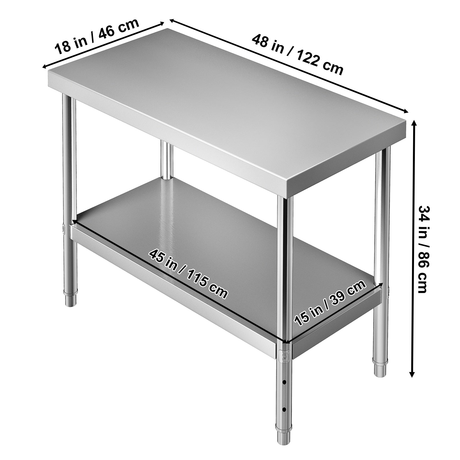 VEVOR Stainless Steel Work Prep Table 48x18x34/60x24x34/72x30x34 Inch 550lbs Metal Worktable with Adjustable Undershelf - youronestopstore23